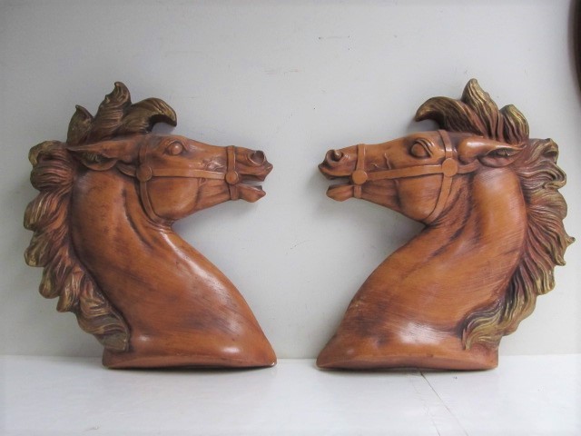 lot 101 image: Pair of Large Mid Century Stallion Horse Head Wall Hangings