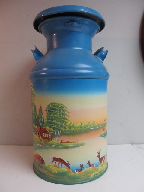 lot 8 image: Beautiful Vintage Hand Painted Folk Art JAKE OVERBEEK Ewald Bros Milk Can