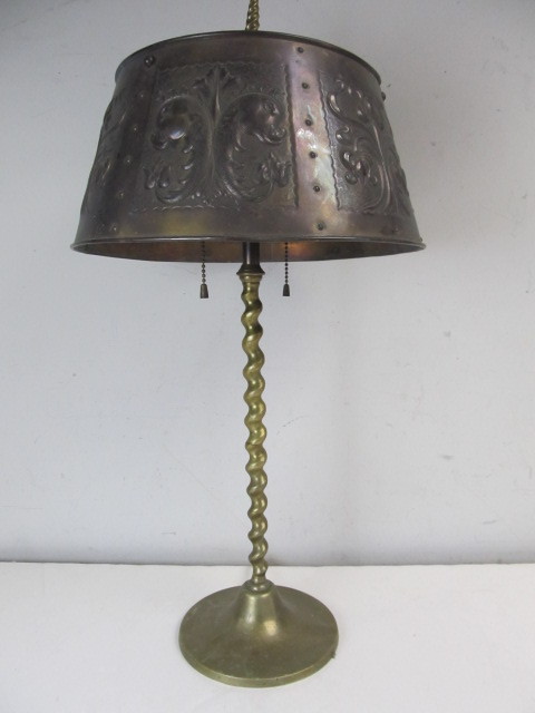 lot 114 image: Antique Spiral Brass Table Lamp wEmbossed Metal Shade