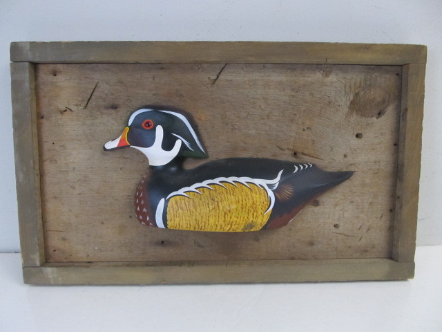 lot 117 image: Vintage Carved Signed & Painted Wooden Duck Wall Plaque