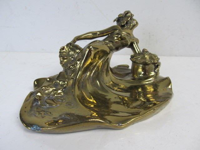 lot 130 image: Old Vintage Art Nouveau Figural Brass Inkwell 