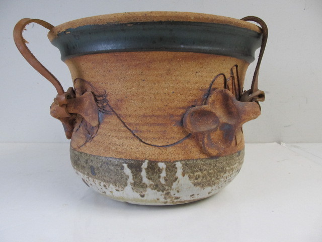 lot 138 image: Vintage Hanging Stoneware Planter wLeather Strap