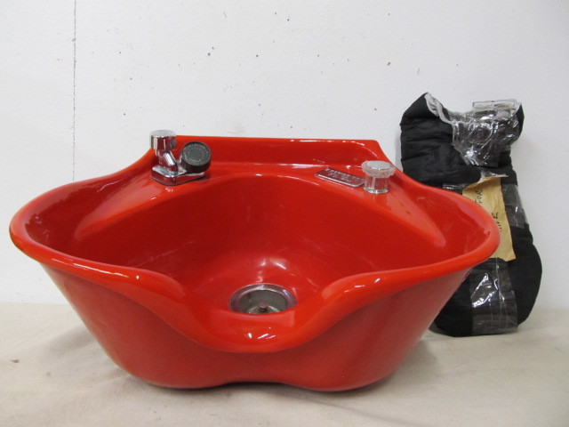lot 69 image: Vintage Mid Century Cherry Red BELVEDERE Flo-Temp Salon Beauty Shop Porcelain Sink