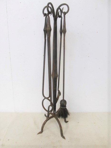 Orig Antique Wrought Iron Fireplace Tool Set W Stand Little