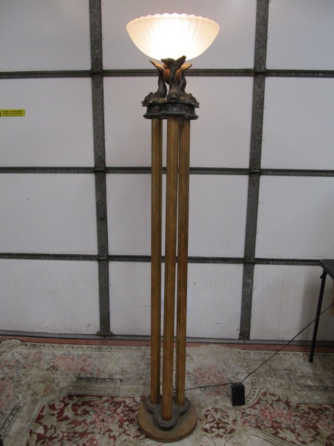lot 159 image: NICE  3-Column Gold Koi Fish Torchiere Floor Lamp - Signed