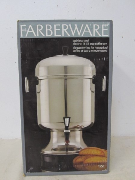 lot 164 image: NEW In Box FARBERWARE Stainless Steel Coffee Percolator 