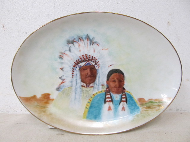 lot 181 image: Vintage Handpainted Native American Couple on Small Platter Signed Dorothy