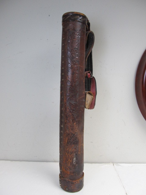 lot 2 image: Antique Early 1900s Tooled Leather Stovepipe Golf Bag