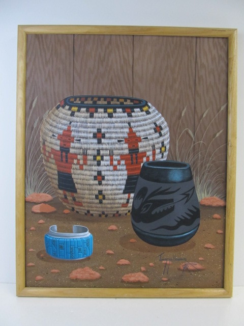 lot 7 image: Signed Original Oil on Canvas Navajo Painting - Jimmy Yellowhair