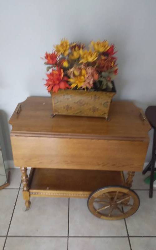 Oak Rolling Tea Cart Server Table With Drop Down Sides