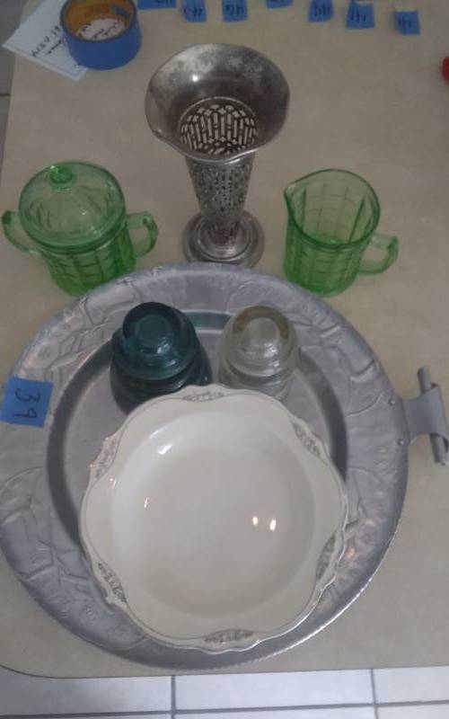 Aluminum Tray, Godinger Silverplate Vase, Old Glass Insulators, Depression Glass, Homer Laughlin Bowl