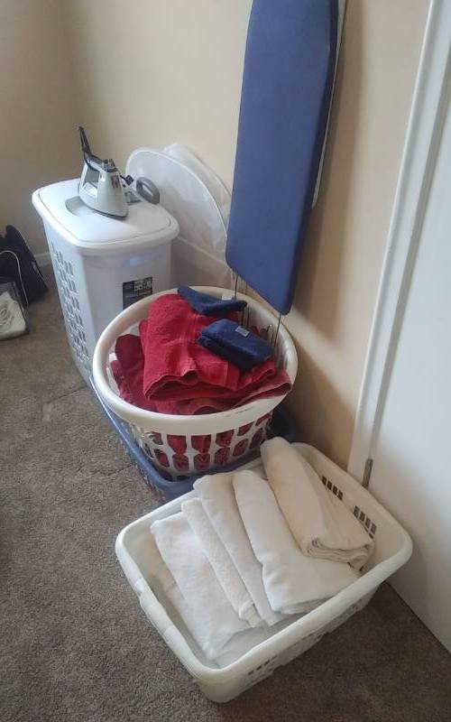 Bath Towels, Hampers, Ironing Board With Iron
