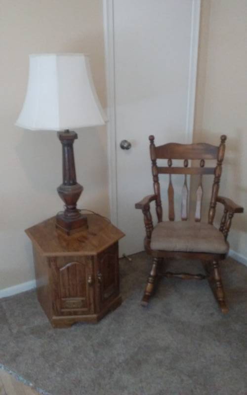 Wood Rocking Chair By R.M Ackerman, End Table & Lamp