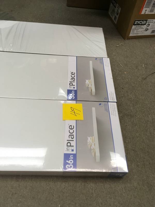 lot 49 image: inPlace 35.4 in. W x 10.2 in. D x 2 in. H White Square Edge MDF Floating Wall Shelf QTY 3  in good condition