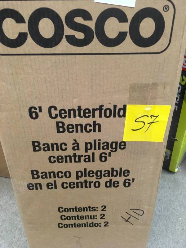 lot 57 image: COSCO 6 ft. Indoor Outdoor Center Fold Tailgate Bench with Carrying Handle, Orange Bench Top, Black Frame, in good condition