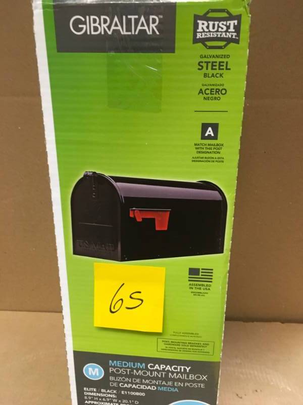 lot 65 image: Gibraltar Mailboxes Elite Medium Black Galvanized Steel Post-Mount Mailbox in good condition
