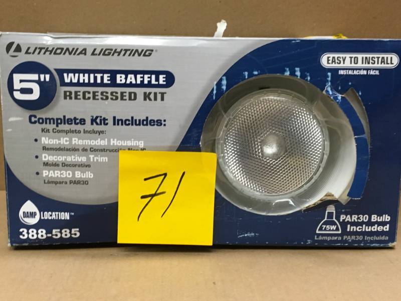 lot 71 image: Lithonia Lighting 5 in. Matte White Recessed Baffle Light Kit in good condition