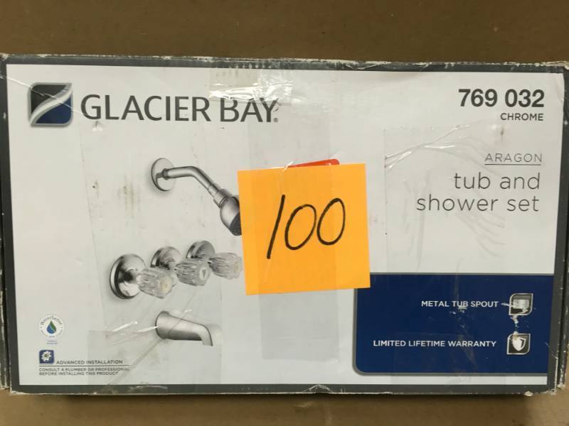 lot 100 image: Glacier Bay Aragon 3-Handle 1-Spray WaterSense Tub and Shower Faucet in Chromein good condition