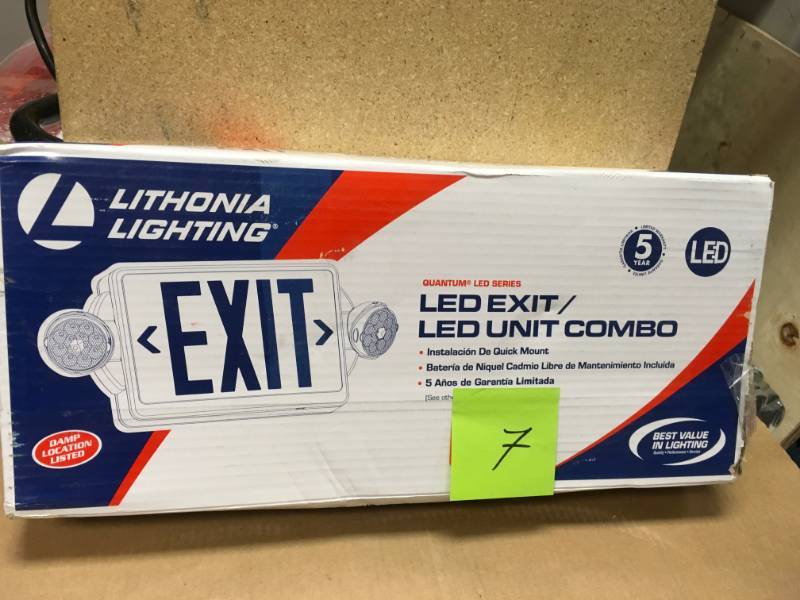 lot 7 image: Lithonia Lighting 2-Light Plastic LED White Exit SignEmergency Combo with LED Heads and Red Stencilin good condition