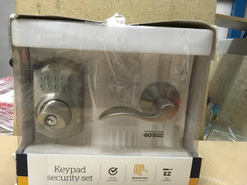 lot 10 image: Schlage Camelot Satin Nickel Electronic Door Lock Deadbolt with Accent Door Lever in good condition