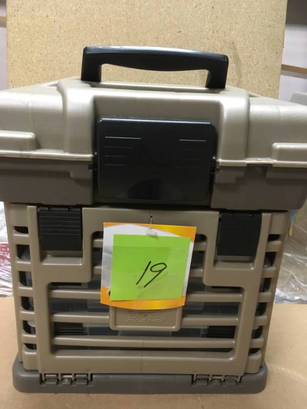 lot 19 image: Plano Stow N Go 39-Compartment Rack with 3 Small Parts Organizer in good condition