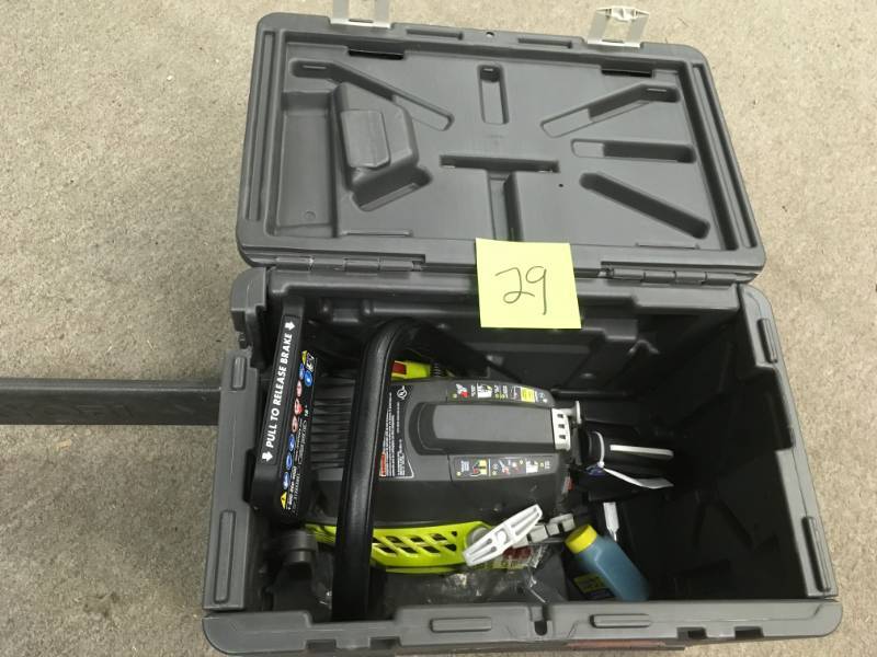 lot 29 image: RYOBI 18 in. 38cc 2-Cycle Gas Chainsaw with Heavy Duty Case in good condition