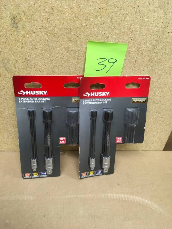 lot 39 image: Husky Auto-Locking Extension Bar Set (3-Piece) QTY 2 MISSING PCS in good condition