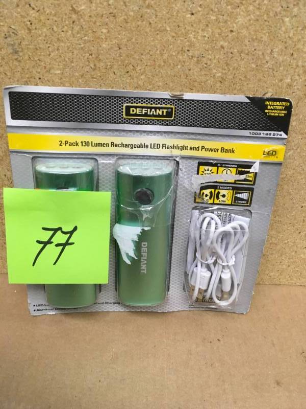 lot 77 image: Defiant 2-pack 130 Lumen Rechargeable Flashlight and Power Bank in good condition