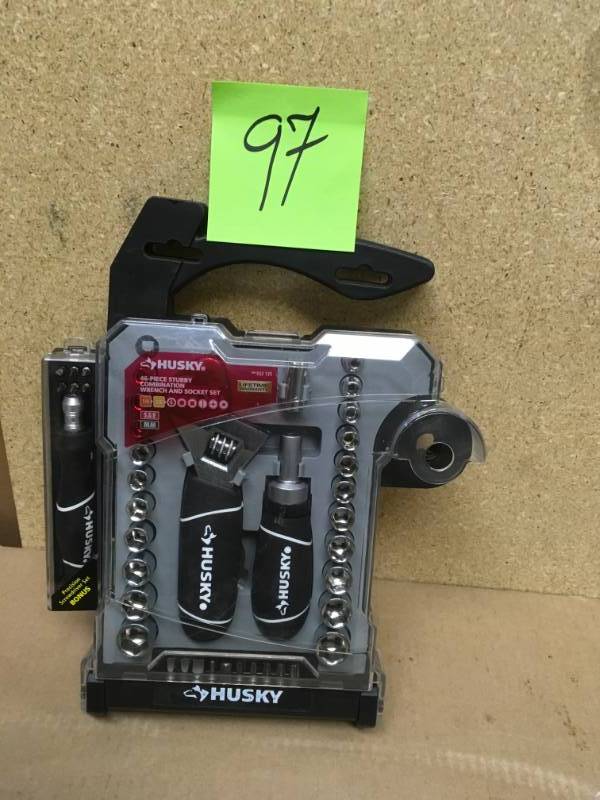 lot 97 image: Husky 14 in. and 38 in. Stubby Ratchet and Socket Set (46-Piece) in good condition