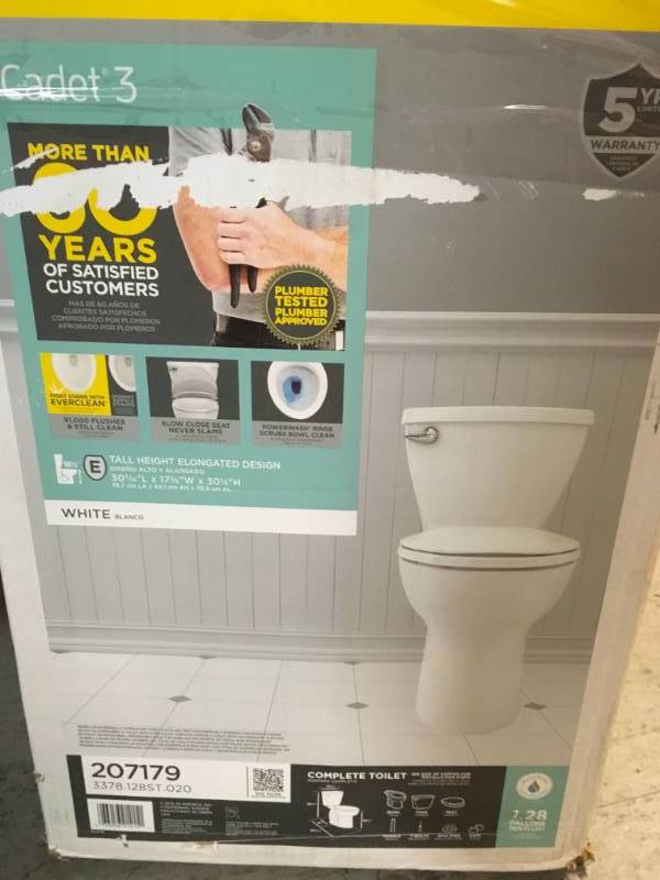 lot 104 image: American Standard Cadet 3 FloWise Tall Height 2-piece 1.28 GPF High Efficiency Elongated Toilet in White with Slow Close Seat not used