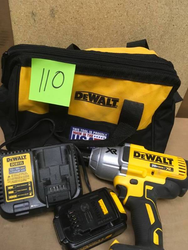 lot 110 image: DEWALT 20-Volt MAX XR Lithium-Ion Cordless 12 in. Impact Wrench Kit with Detent Anvil, (1) Battery , Charger and Bag in good condition