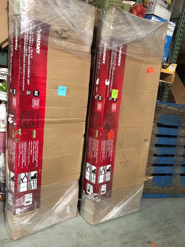 lot 117 image: Set of 2  Husky 77 in. W x 78 in. H x 24 in. D Steel Garage Storage Shelving Unit whit damage and missing pcs