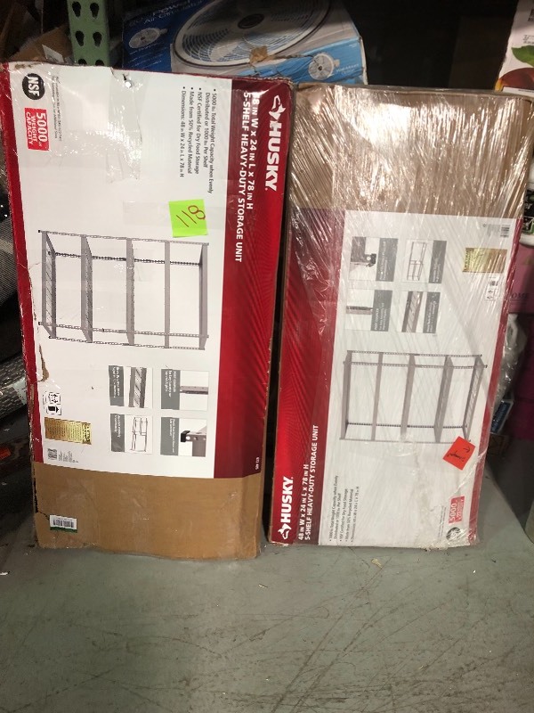 lot 118 image: Set of 2  Husky 78 in. H x 48 in. W x 24 in. D 5-Shelf Steel Commercial Shelving Unit whit small damage