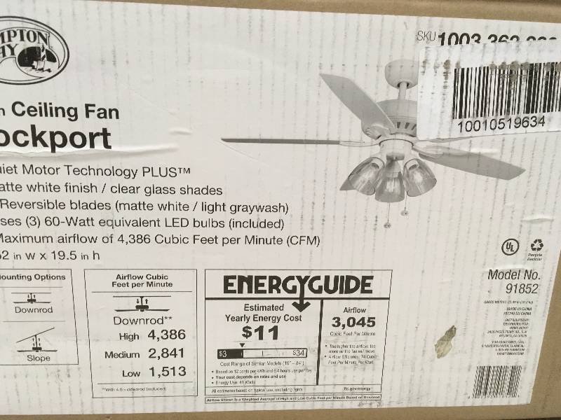 Hampton Bay Rockport 52 in. LED Matte White LED Ceiling Fan with Light kit  in very good condition
