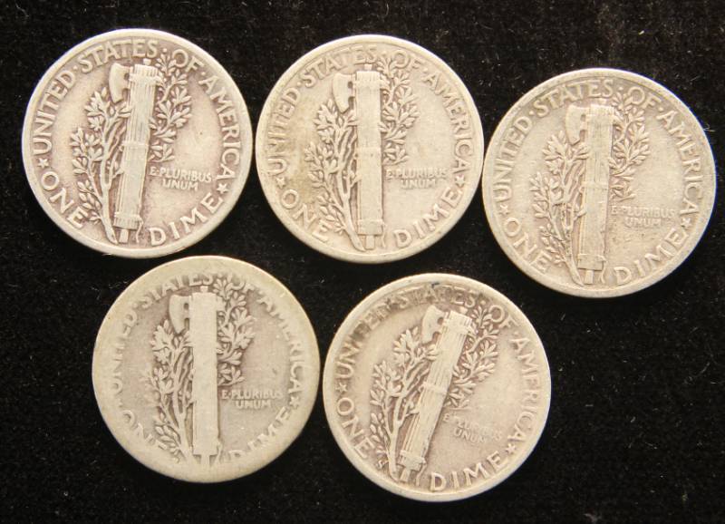 GROUP OF 5 MERCURY DIMES AS PICTURED
