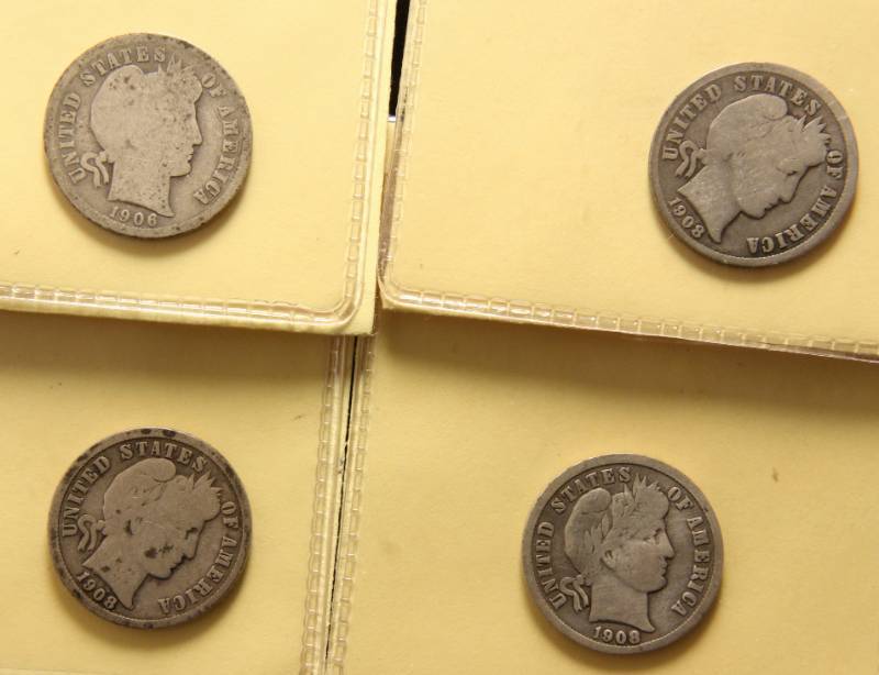 GROUP OF 4 BARBER DIMES 1906 1908 1908-D 1908-S