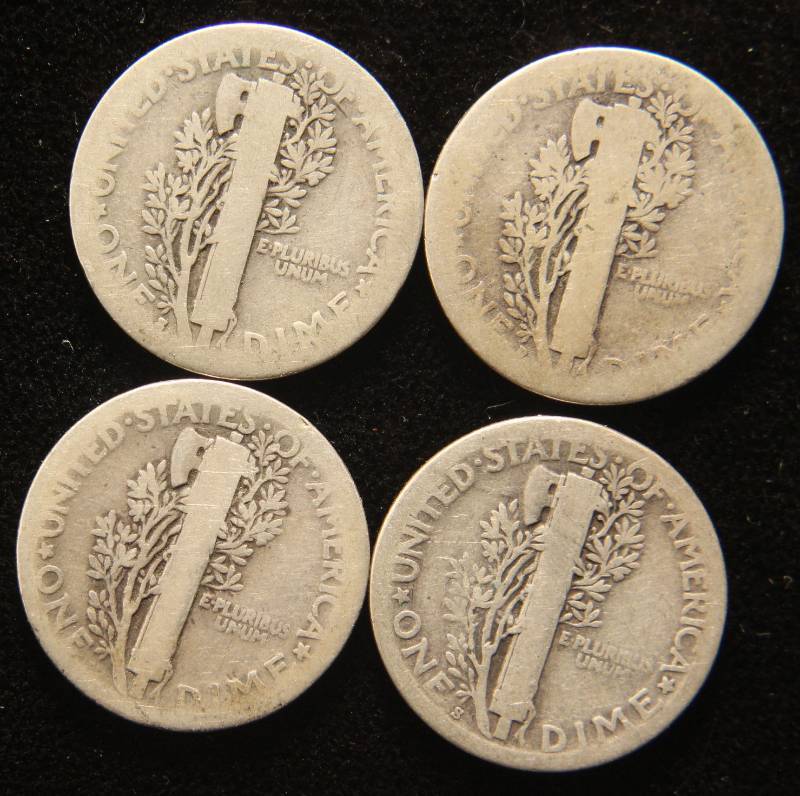 4 EARLY DATE MERCURY DIMES 1917 1917-D 1919-S 1920-S