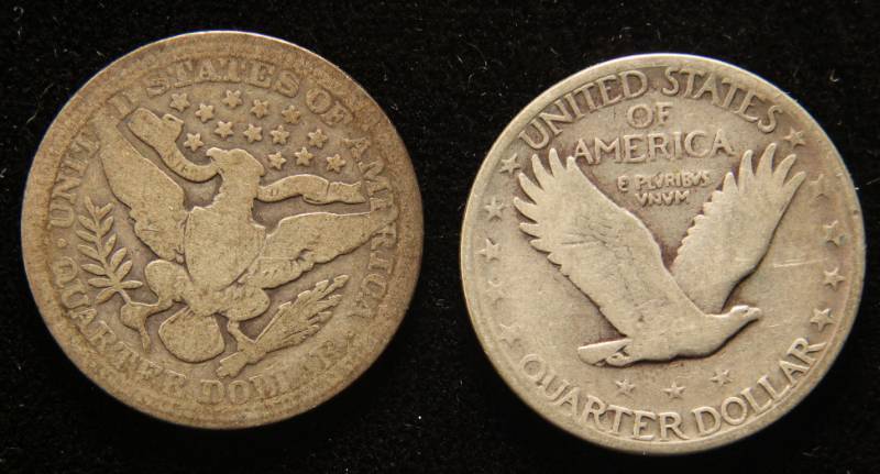 2 SILVER US QUARTERS 1910 BARBER 1929 STANDING LIBERTY