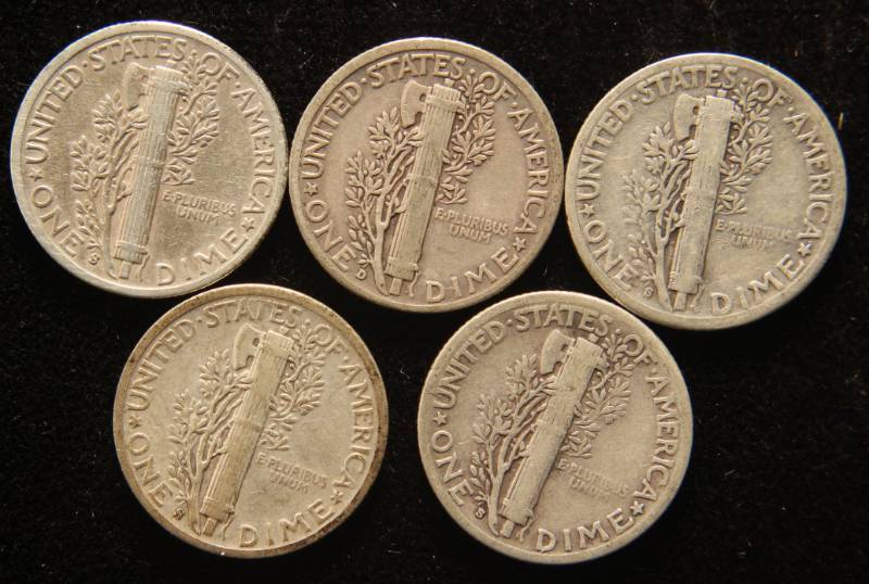 5 MERCURY DIMES 1928-S 1929-D 1929-S 1943-S 1945-S