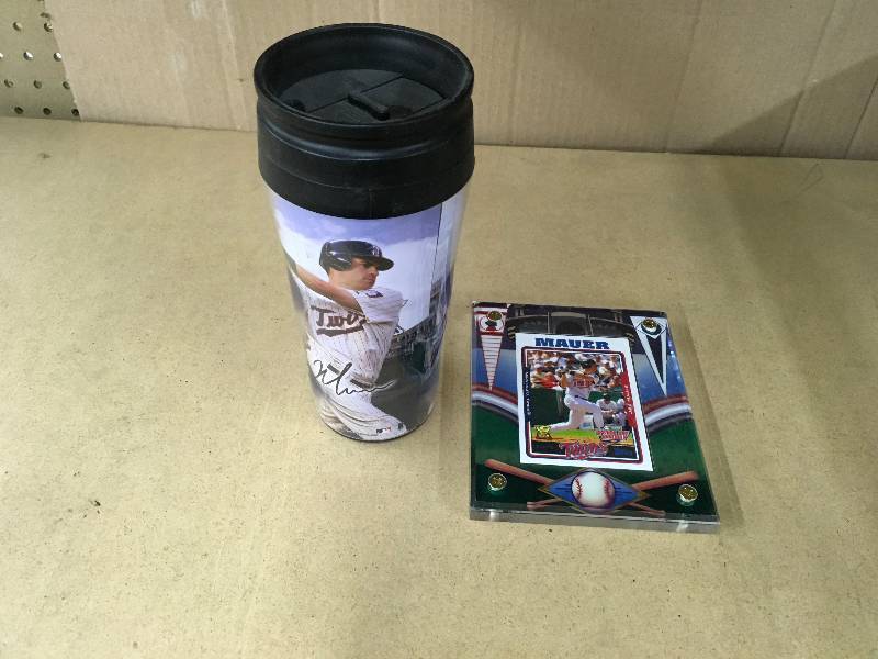 lot 296 image: Joe Mauer Card Plaque & Joe Mauer Tumbler