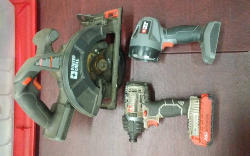 lot 52 image: Porter-Cable Impact Drive 20 Volt, Flashlight, Circular Saw-Has 1-Battery & No Charger. (Can Get On Line)