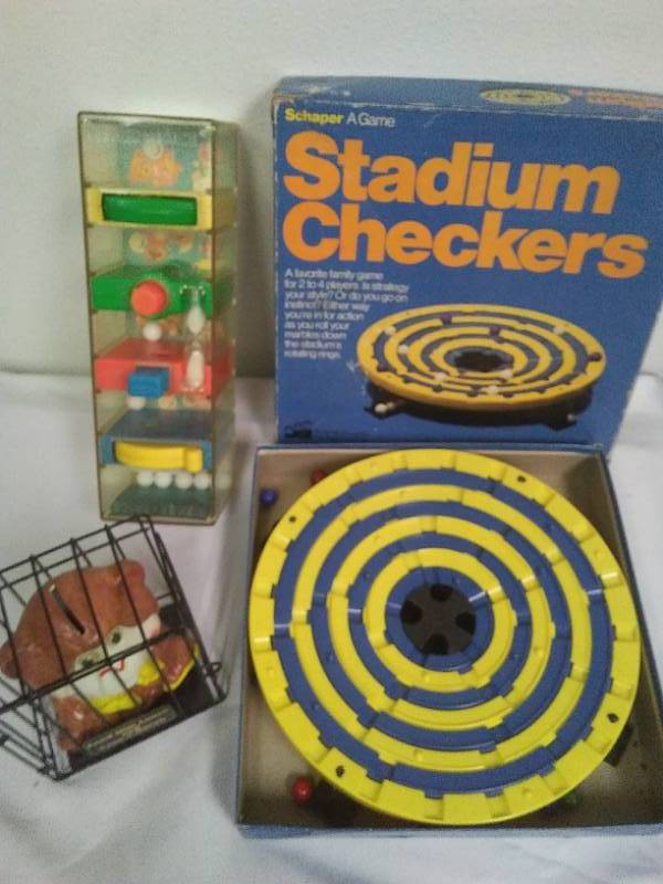lot 30 image: Vintage Fisher Price Stadium checkers and The Lunch Monkey