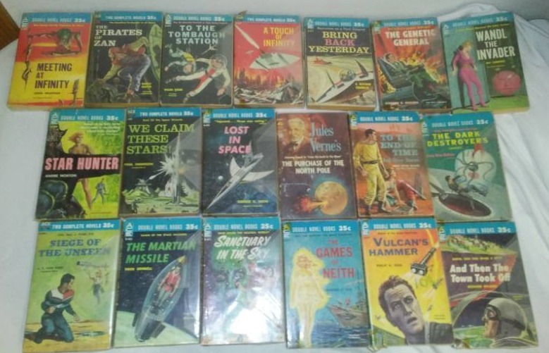 lot 32 image: 19 Double Novel Paper Back Science Fiction, Pulp Books,