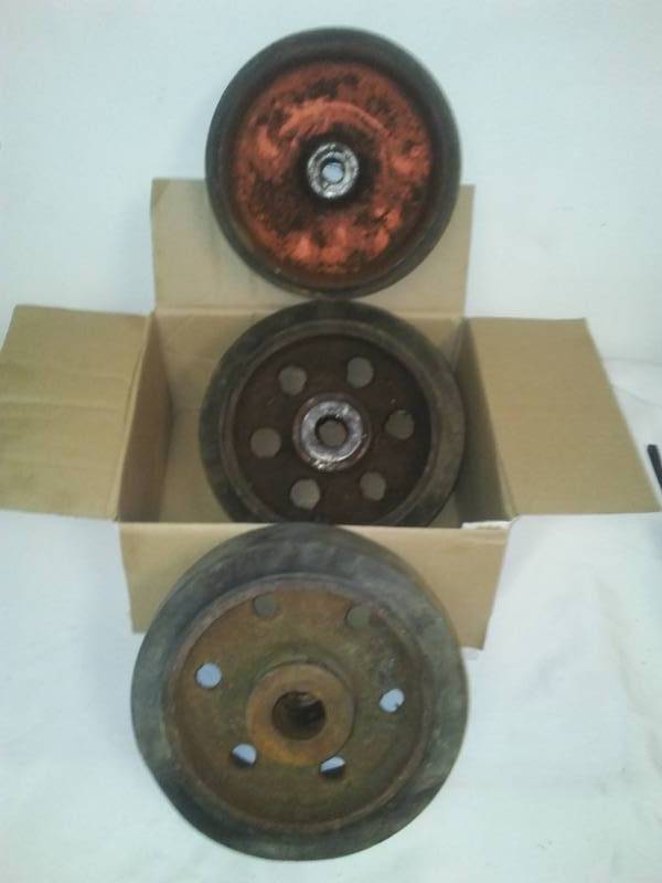 lot 80 image: 3 Cast and Rubber Vintage Cart Wheels