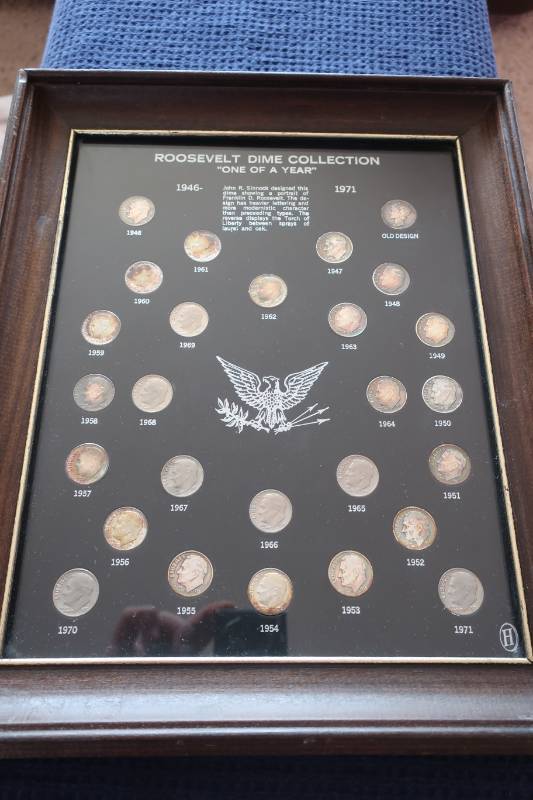 lot 474 image: Framed Roosevelt Dime Collection - 1946-1971