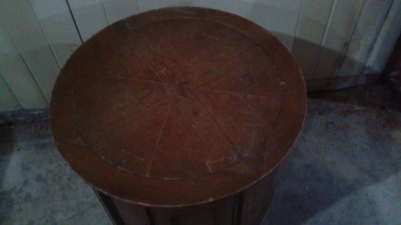 lot 14 image: Round Wood Cabinet Table, Used, Shows Wear