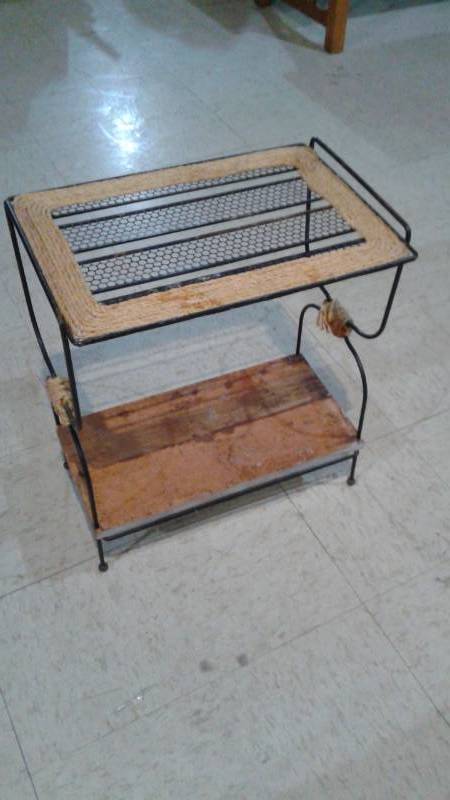 lot 4 image: Small Outdoor Metal And Wood Table, Used, Some Wear