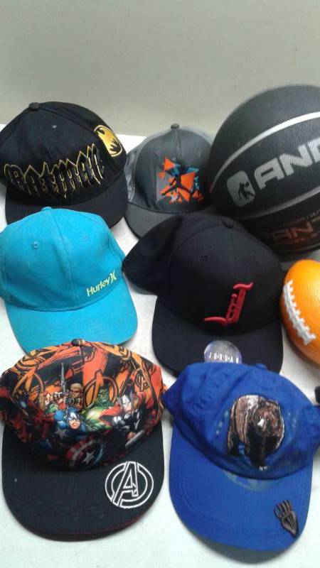 lot 65 image: Lot Of Hats, Sport Equipment, Mini Skateboard, Filled DVD Book