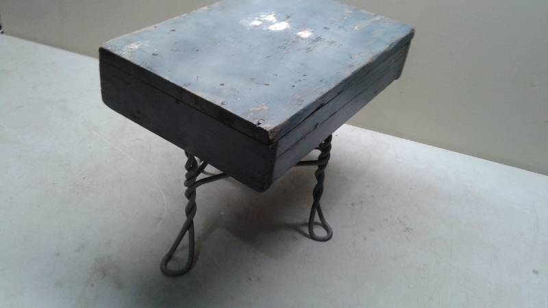 lot 156 image: Small Distressed Foot Stool With Wrought Iron Legs, Shows Wear