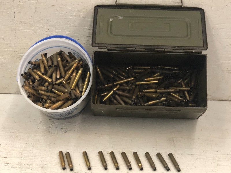 (1) Pale & (1) Ammo Box Of Spent Rifle Casings